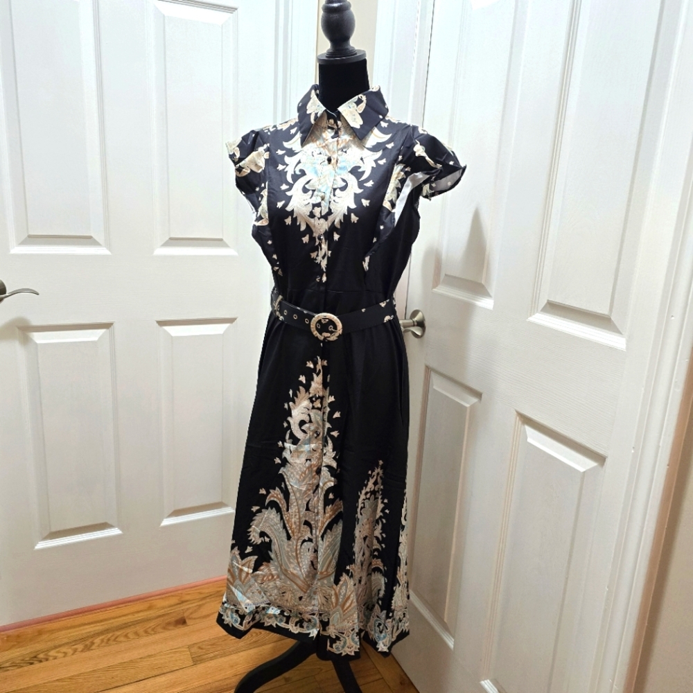 Black and Cream A-line Dress with Flutter Sleeves for Casual Work